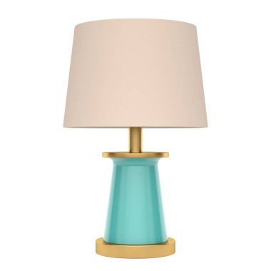 Beyaz arka planda mavi masa lambası olan modern altın. 3d oluşturma