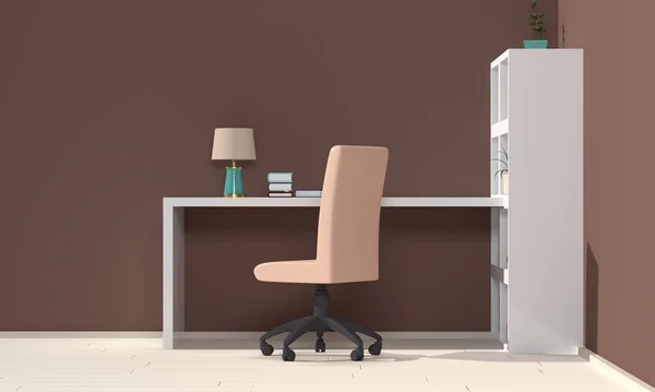 Modern style workplace interior with white table and brown wall. 3d rendering — Stock Photo, Image