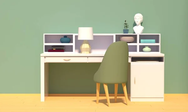 Accueil intérieur du lieu de travail avec table blanche et mur de couleur menthe. Rendu 3d — Photo