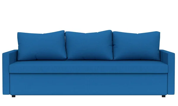 Klasyczna niebieska sofa z miękkimi poduszkami na białym tle. 3d renderowanie — Zdjęcie stockowe