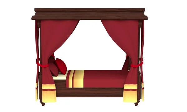 중세 시대의 붉은 커튼이 달린 왕실 목조 침대. 사이드 뷰. 3d 렌더링 — 스톡 사진