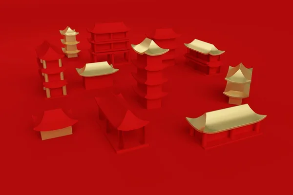 Fond rouge abstrait. Ville chinoise avec des maisons dorées. Rendu 3d — Photo