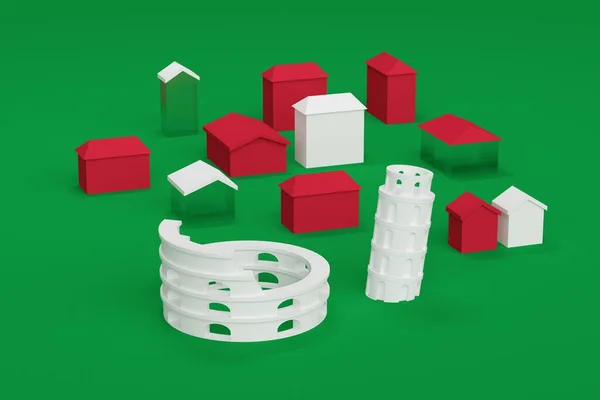 Zelené abstraktní pozadí města. Itálie s bílými a červenými domy. 3D vykreslování — Stock fotografie