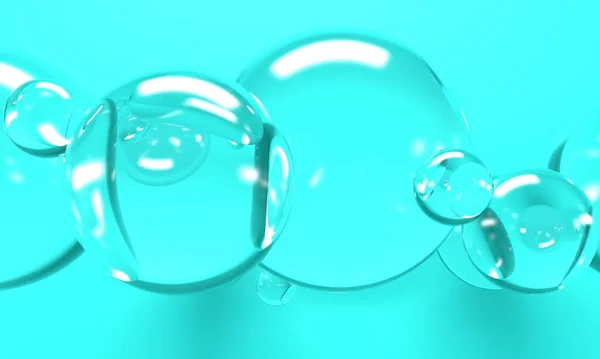 Fondo azul abstracto con esferas brillantes de vidrio en la pared. renderizado 3d — Foto de Stock