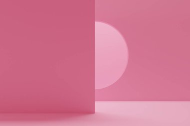 Soyut arka plan duvarı, pembe odada yuvarlak pencereli. 3d oluşturma