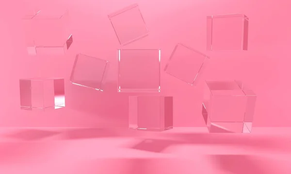 Fundo abstrato rosa com cubos de vidro voadores brilhantes. Renderização 3d — Fotografia de Stock