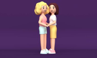 İki modern moda kadın sarılıyor. 3d oluşturma