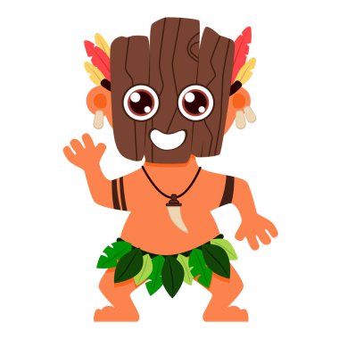 Ahşap maskeli bir Aborjin. Kartpostal ya da tişört için düz tasarım. Vektör illüstrasyonu