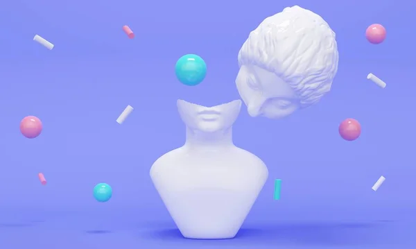 Абстрактний фон антикварна розбита статуя жіноча голова з кольоровими кульками. 3D візуалізація — стокове фото