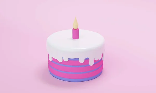 Lilacový sladký dort s polevou a svíčkou. 3D vykreslování — Stock fotografie