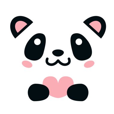 Pembe kalbi olan sevimli bir panda. Kart ya da tişört için düz tasarım. Vektör illüstrasyonu