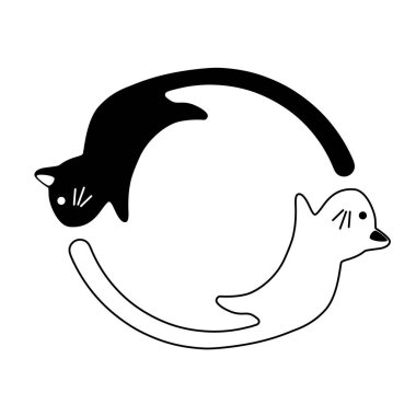 Siyah kedi beyaz arka planda izole edilmiş bir çemberde koşar. Kart ya da tişört için düz tasarım. Vektör illüstrasyonu