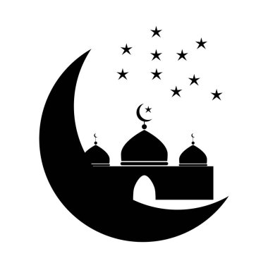 Hilal ve Çoklu Yıldızlı Cami. İslami cami hilal ve yıldızları gösteren siyah beyaz bir resim. EPS Vektörü