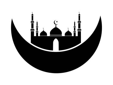 Altında hilal olan İslam Camii. Cami ve hilal resimli siyah beyaz resim. EPS Vektörü