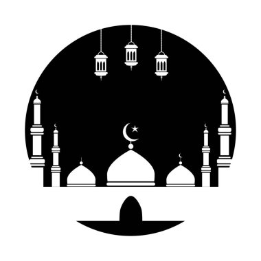 Üç Fenerli Cami, Siyah Çemberi Yok Etti. Müslüman bayram sezonunu betimleyen siyah beyaz bir resim. EPS Vektörü 