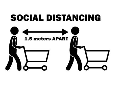 Sosyal Mesafe 1.5 Milyon Ayrı Değerlendirme Aracı ile. Tramvayla alışveriş yaparken bir nokta beş metre arayla çekilmiş siyah beyaz bir resim. Vektör Dosyası