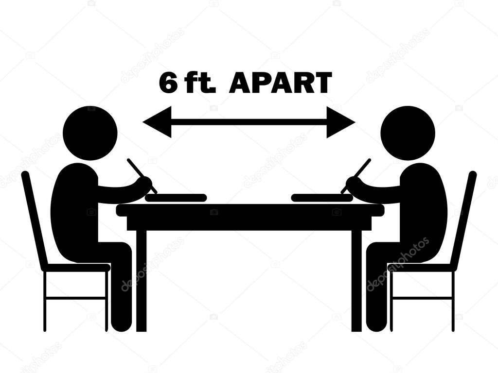 Two Students Studying Writing Desk 6 ft. Apart. Illustration depicting social distancing during covid-19 pandemic. Black and White Vector