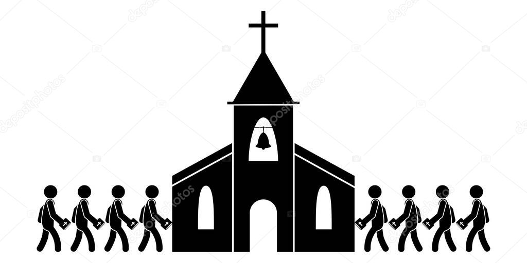 People Going to Entering Church. Black and white pictogram depicting people attending church service mass holding Holy Bible. Vector File