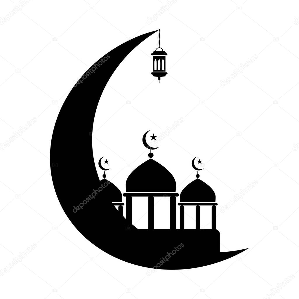 Mosque with crescent and Lantern. Black and white pictogram depicting Islamic Muslim mosque lanterns crescent. Ramadan Festive Season Eid al-Fitr. EPS Vector