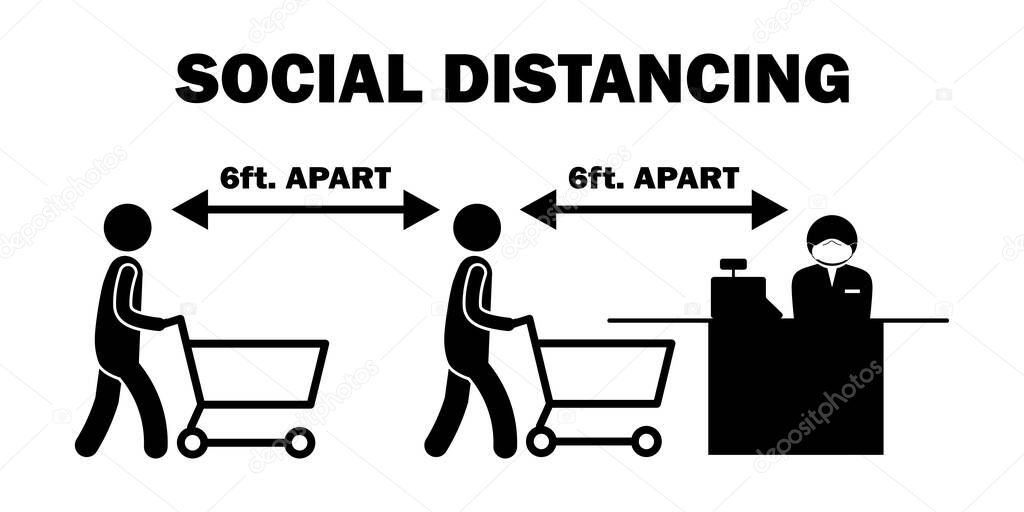 Social Distancing 6ft Apart Cashier Stick Figure. Black and white pictogram depicting six feet apart while lining queuing up to pay at cashier checkout counter. Vector File