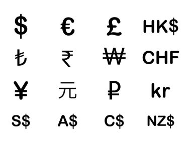 Çeşitli Para Birimleri FX Para İşaretleri ve Sembolleri. USD EUR GBP HKD INR KRW CHF JPY NOK SGD AUD CAD NZD. Siyah illüstrasyon beyaz arka planda izole edildi. EPS Vektörü 