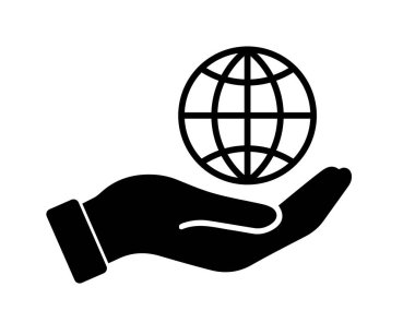 Palm Out Hand Holding Wire Globe Earth Planet 3D Frame. Beyaz arka planda izole edilmiş siyah illüstrasyon. EPS Vektörü  