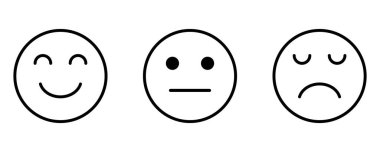 Gülen Üzgün Tarafsız Yüz Geribildirim Memnuniyeti Yüz Hareketi Emojisi. Siyah Çizgi Çizimi Beyaz Arkaplanda izole edildi. EPS Vektörü 