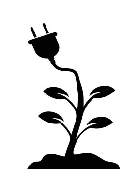 Biyolojik Yakıt Elektriği. Bitki ve Güç Kordonu. Siyah illüstrasyon beyaz arka planda izole edildi. EPS Vektörü 