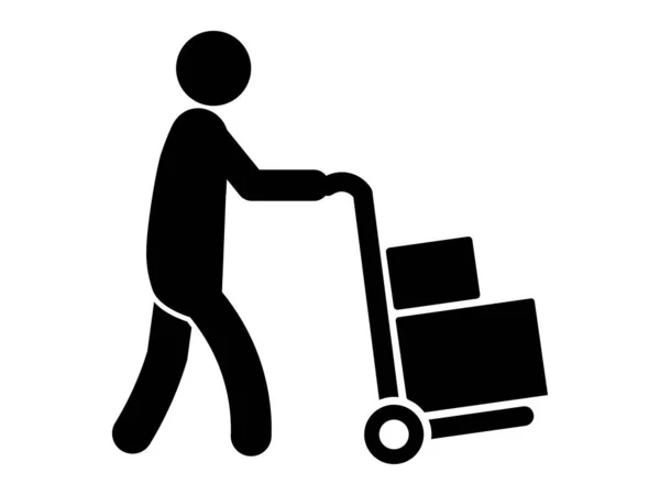 Delivery Person Stick Figure Pushing Loaded Cart Two Boxes Black — Stock Vector