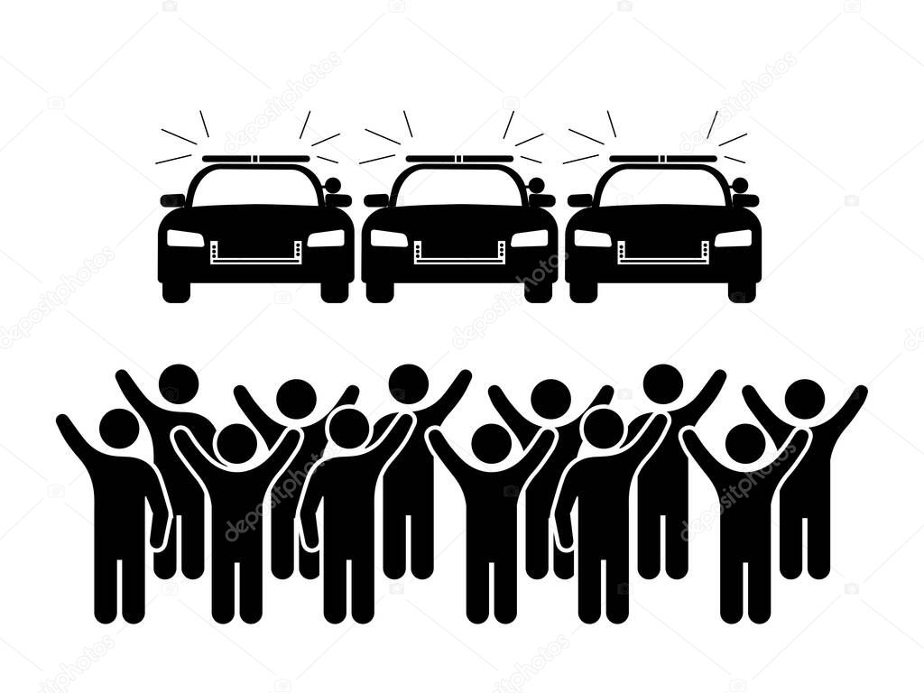 Crowd of People Protestors In Front of a Line of Police Cop Cars. Black Illustration Isolated on a White Background. EPS Vector