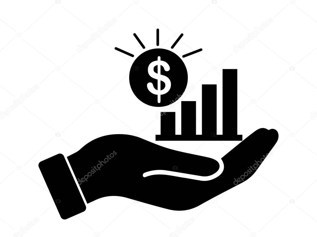 Palm Out USD Dollar Growth Bar Chart. Black Illustration Isolated on a White Background. EPS Vector