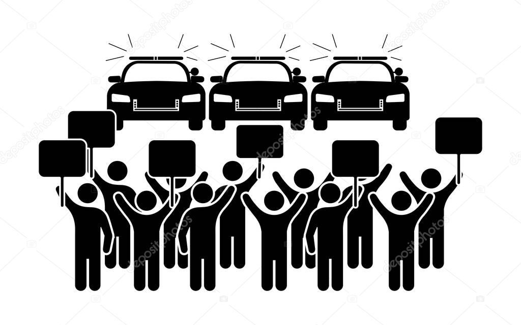 Protesters Signs Protesting In Front of Police Cop Cars. Black Illustration Isolated on a White Background. EPS Vector