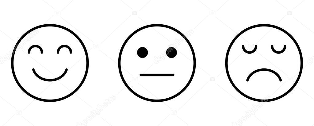 Smiley Sad Neutral Face Feedback Satisfaction Facial Emotion Emoji. Black Outline Illustration Isolated on a White Background. EPS Vector 