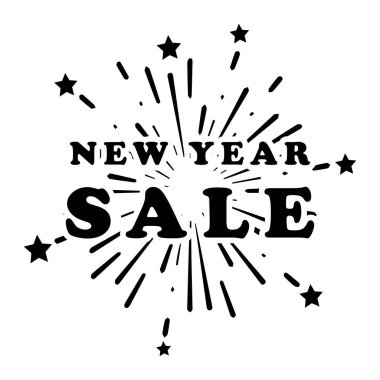 Yeni Yıl Başlarken Havai fişeklerle Mevsimlik Satış Satışları Reklam Pazarlama Afişi. Perakende satış mağazası e-ticaret reklamları. Siyah illüstrasyon beyaz arka planda izole edildi. EPS Vektörü