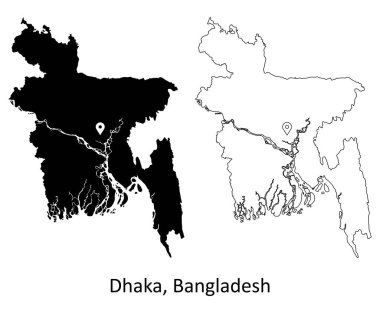 Dhaka Bangladeş. Capital City Lokasyon Pin ile Ayrıntılı Ülke Haritası. Siyah siluet ve beyaz arka planda izole edilmiş ana hatlar. EPS Vektörü