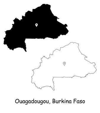 Ouagadougou Burkina Faso. Başkentteki lokasyon iğnesiyle detaylı ülke haritası. Siyah siluet ve beyaz arka planda izole edilmiş ana hatlar. EPS Vektörü