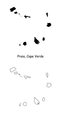 Praia Cape Verde 'de. Başkentteki lokasyon iğnesiyle detaylı ülke haritası. Siyah siluet ve beyaz arka planda izole edilmiş ana hatlar. EPS Vektörü