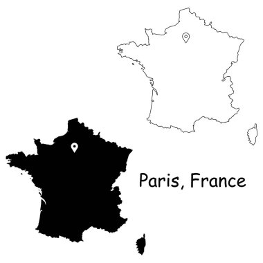Paris Fransa. Başkentteki lokasyon iğnesiyle detaylı ülke haritası. Siyah siluet ve beyaz arka planda izole edilmiş ana hatlar. EPS Vektörü