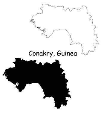 Conakry Gine. Başkentteki lokasyon iğnesiyle detaylı ülke haritası. Siyah siluet ve beyaz arka planda izole edilmiş ana hatlar. EPS Vektörü