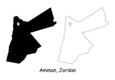 Amman Jordan. Başkentteki lokasyon iğnesiyle detaylı ülke haritası. Siyah siluet ve beyaz arka planda izole edilmiş ana hatlar. EPS Vektörü