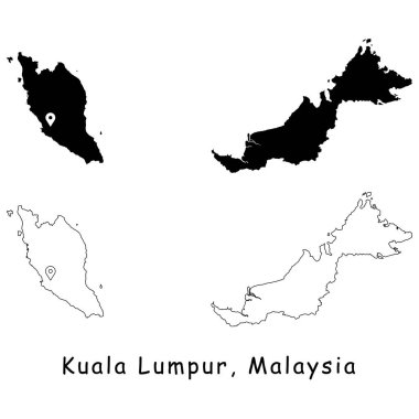 Kuala Lumpur, Malezya. Başkentteki lokasyon iğnesiyle detaylı ülke haritası. Siyah siluet ve beyaz arka planda izole edilmiş ana hatlar. EPS Vektörü