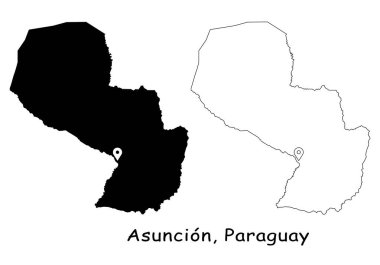 Asuncion, Paraguay. Başkentteki lokasyon iğnesiyle detaylı ülke haritası. Siyah siluet ve beyaz arka planda izole edilmiş ana hatlar. EPS Vektörü