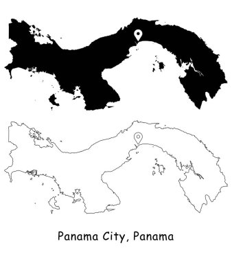 Panama Şehri, Panama. Başkentteki lokasyon iğnesiyle detaylı ülke haritası. Siyah siluet ve beyaz arka planda izole edilmiş ana hatlar. EPS Vektörü