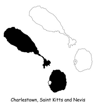 Charlestown, Saint Kitts ve Nevis. Başkentteki lokasyon iğnesiyle detaylı ülke haritası. Siyah siluet ve beyaz arka planda izole edilmiş ana hatlar. EPS Vektörü