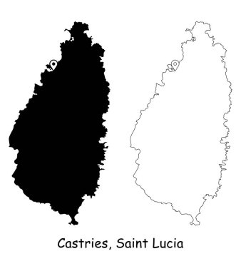 Castries, Aziz Lucia. Başkentteki lokasyon iğnesiyle detaylı ülke haritası. Siyah siluet ve beyaz arka planda izole edilmiş ana hatlar. EPS Vektörü 