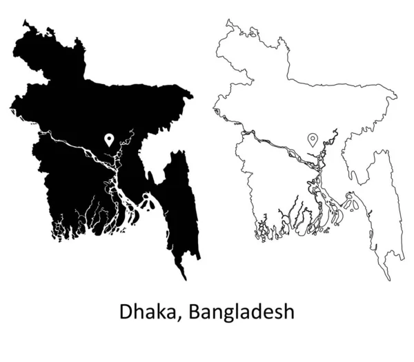 Dhaka Bangladesh Detaljerad Landskarta Med Capital City Location Pin Svart — Stock vektor