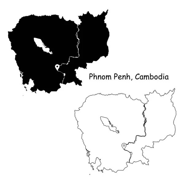 Phnom Penh Kambodža Detailní Mapa Země Připínáčkem Hlavní Město Černá — Stockový vektor