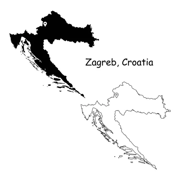 萨格勒布克罗地亚 首都城详细的位置图 在白色背景下孤立的黑色轮廓和轮廓图 Eps病媒 — 图库矢量图片