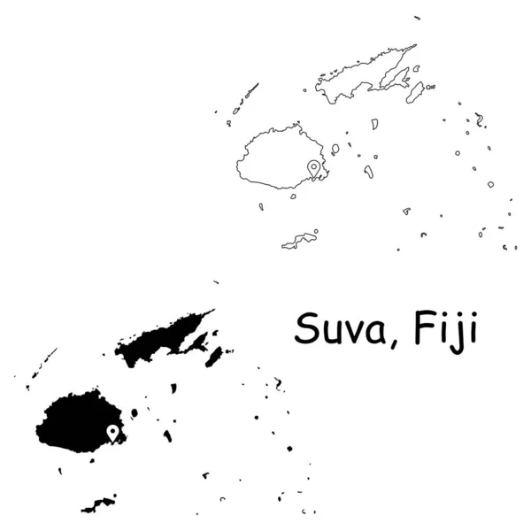Suva Fiji Başkentteki Lokasyon Iğnesiyle Detaylı Ülke Haritası Siyah Siluet — Stok Vektör