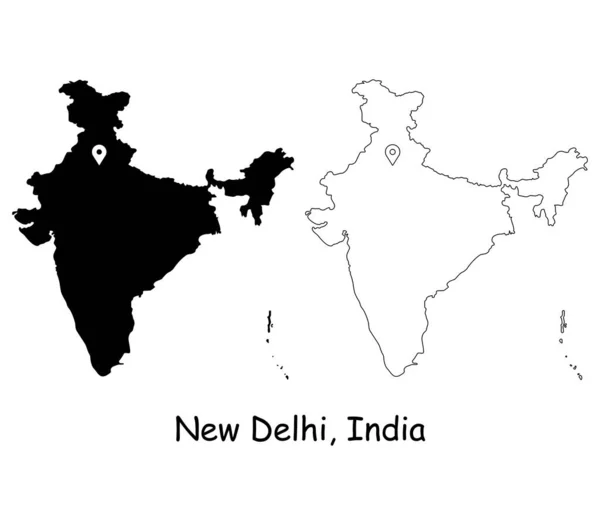 Нью Дели Индия Подробная Карта Страны Штырем Локировкой Столице Черный — стоковый вектор
